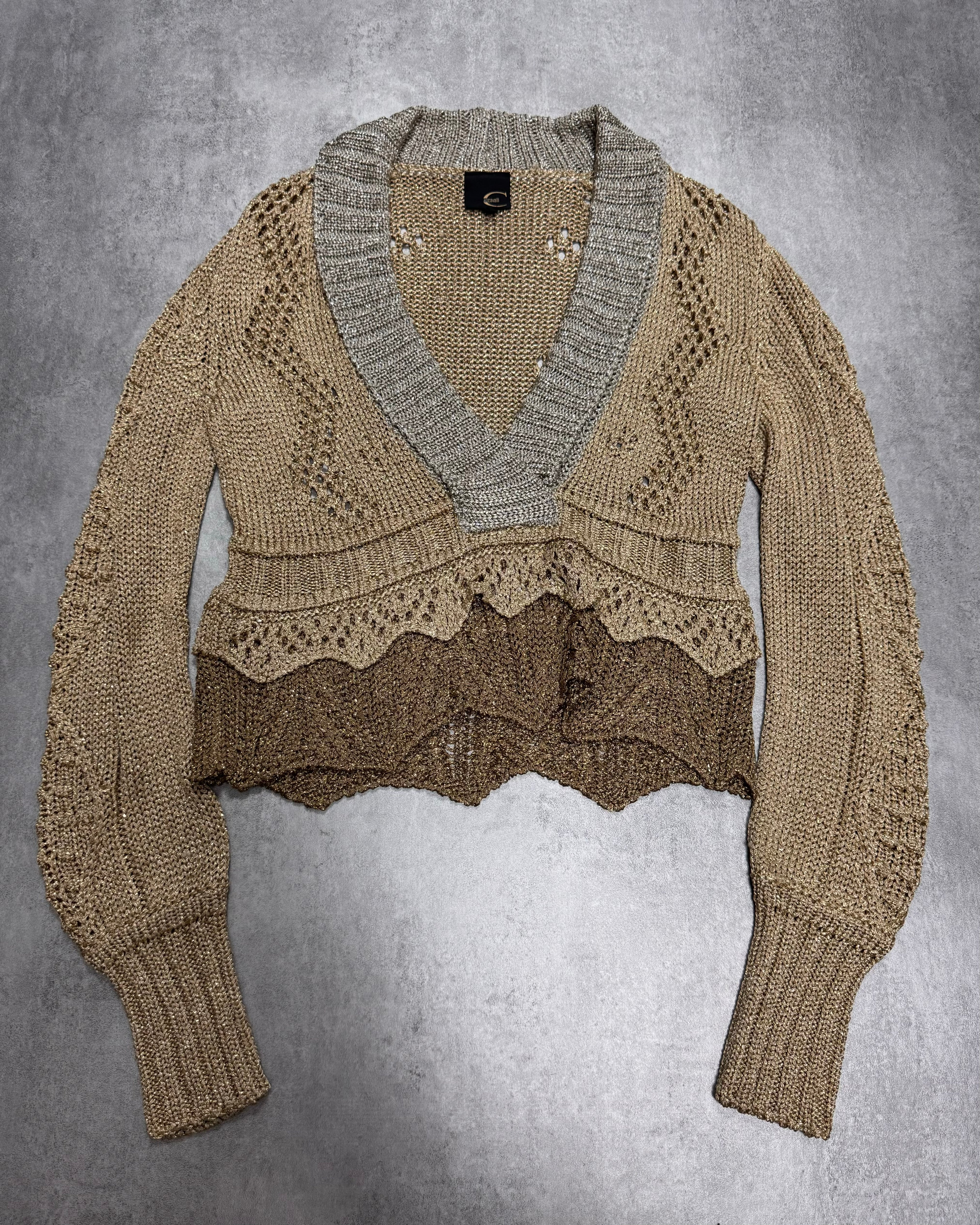 FW2007 Cavalli Golden Cropped V-Neck Sweater