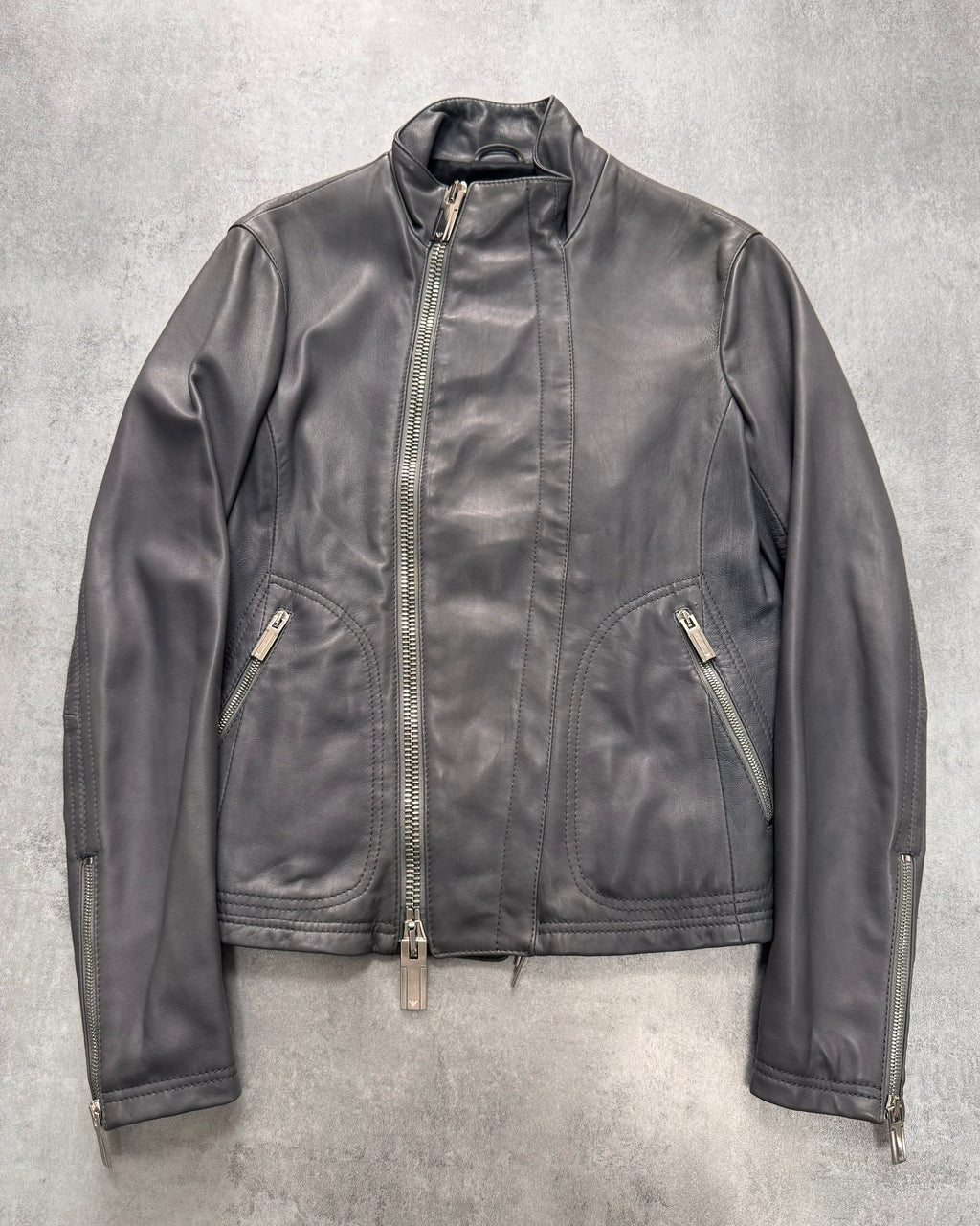 FW2014 Emporio Armami Asymmetrical Grey Leather Jacket