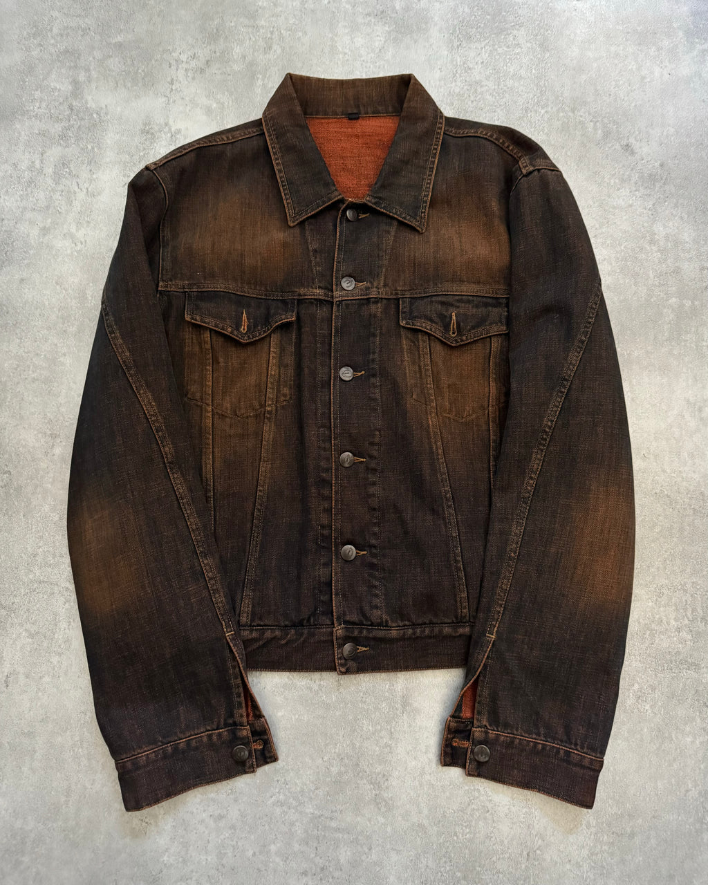 2000s Cavalli Eroded Twilight Denim Eroded Navy Orange Jacket  (L) - 3