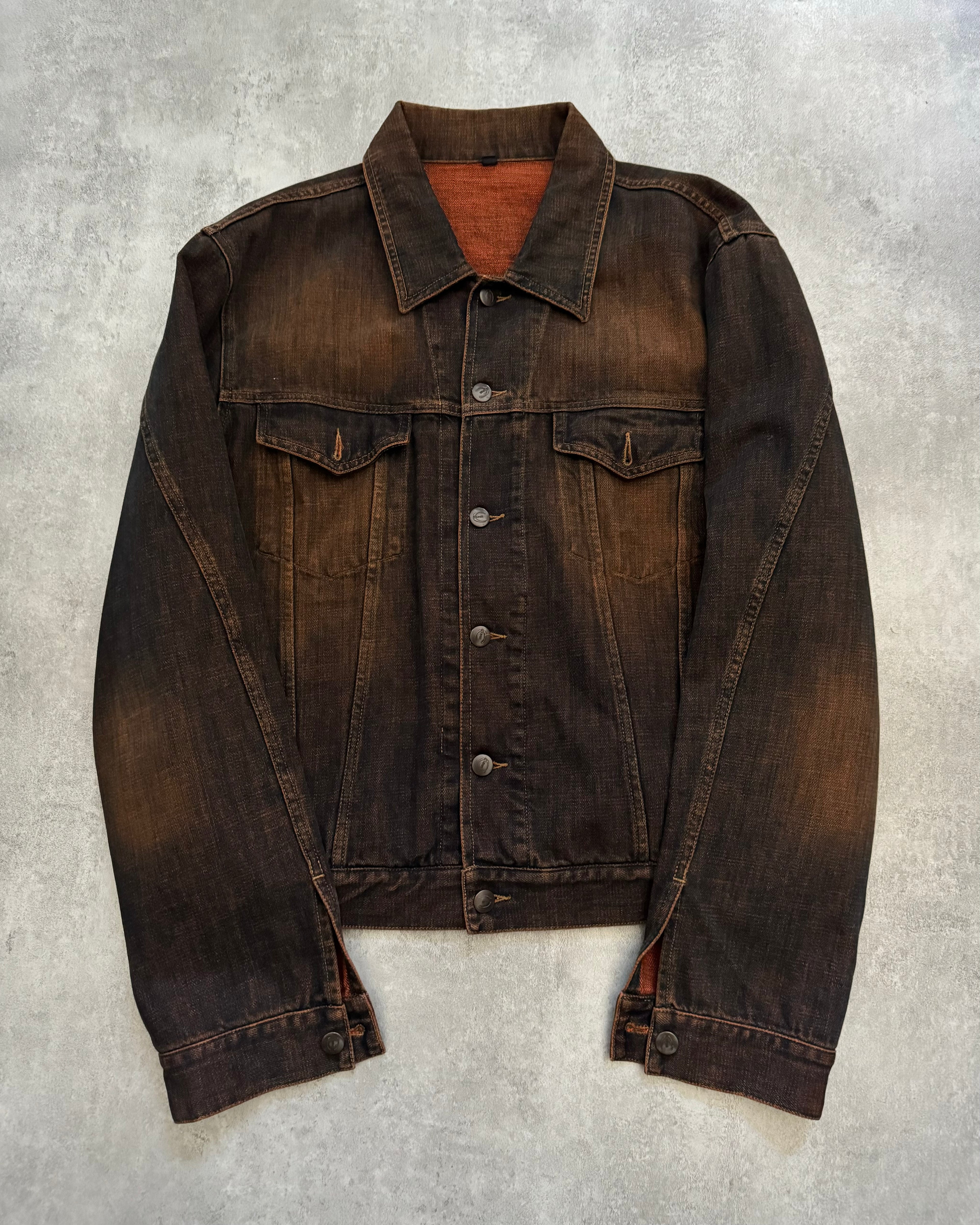 2000s Cavalli Eroded Twilight Denim Eroded Navy Orange Jacket  (L) - 3