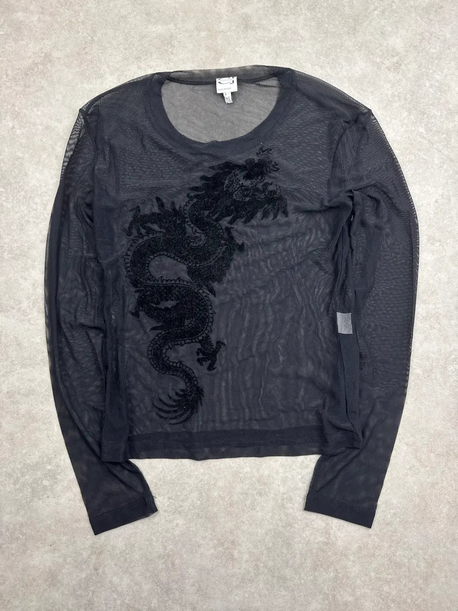 2000s Cavalli Jeans Black Dragon Embroidered Sheer Mesh Longsleeves DLEykPzt 0