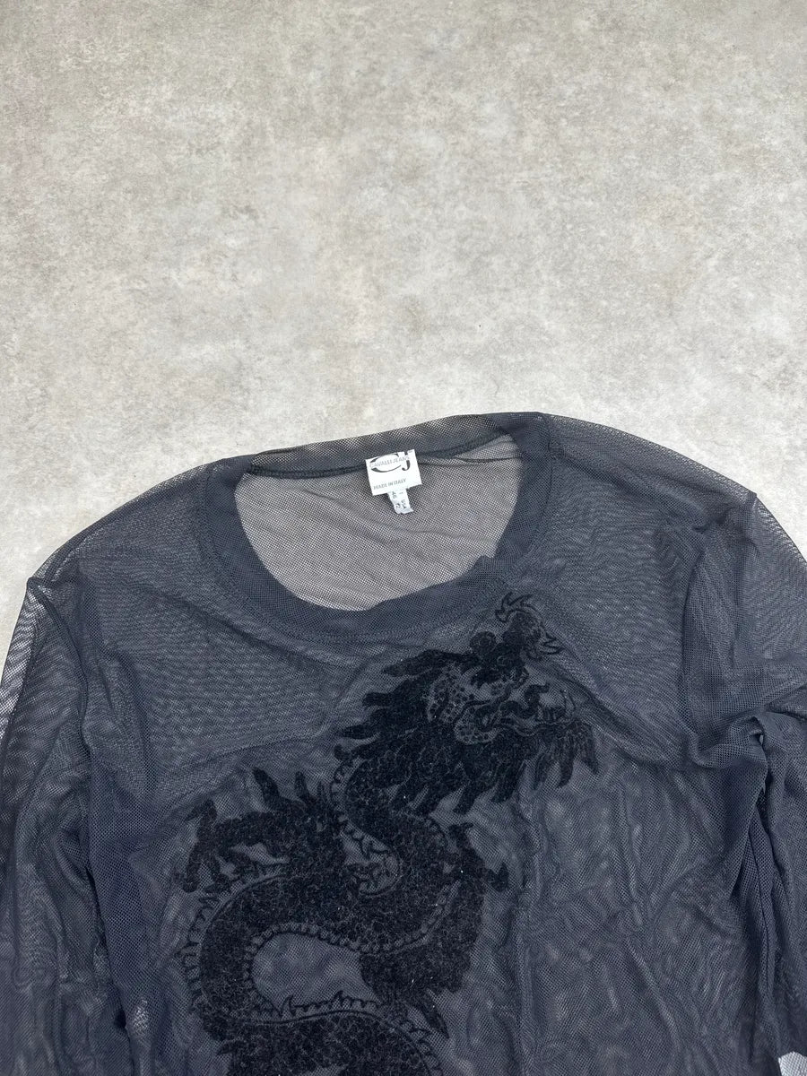 2000s Cavalli Jeans Black Dragon Embroidered Sheer Mesh Longsleeves DLEykPzt 7