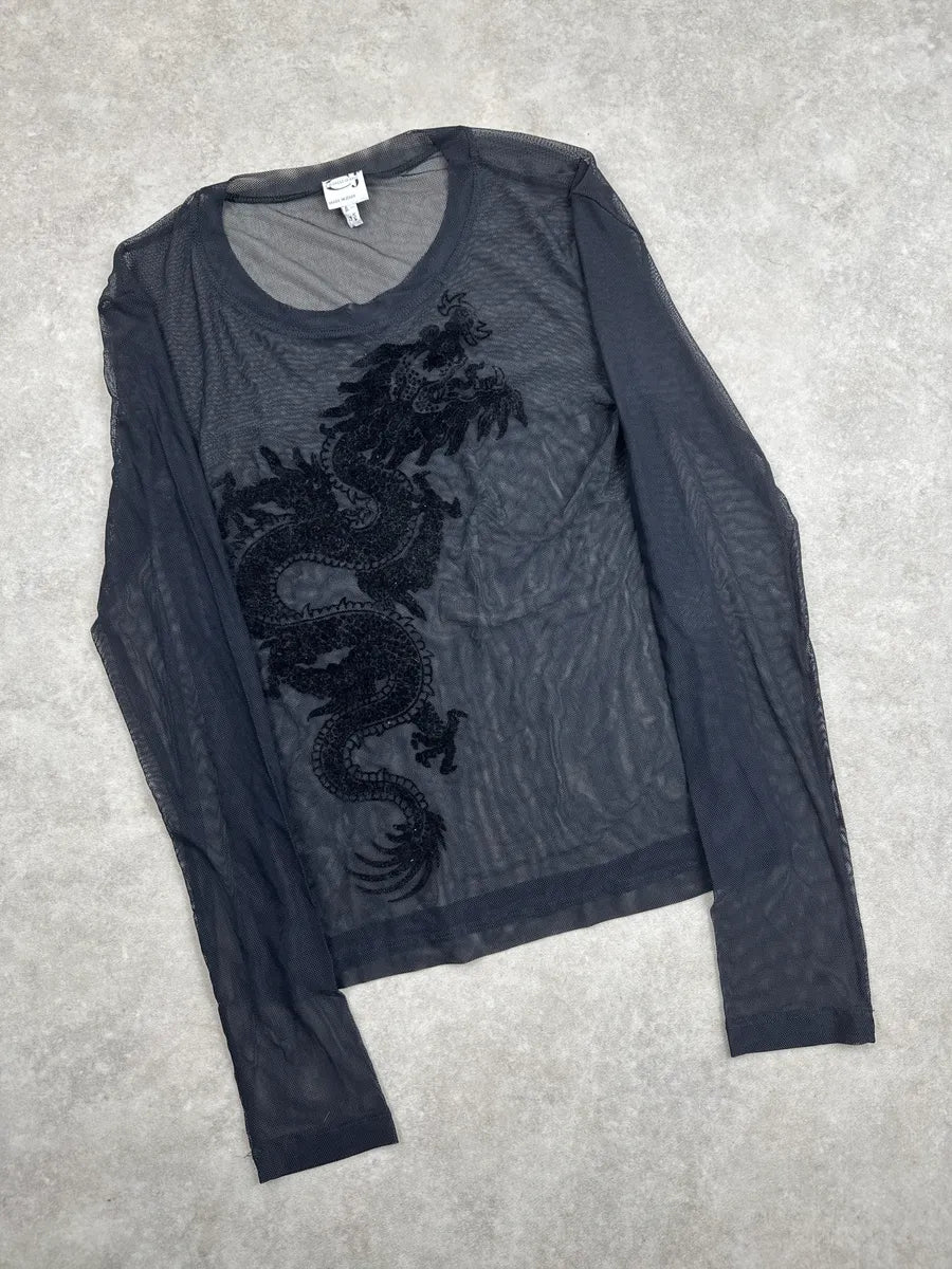 2000s Cavalli Jeans Black Dragon Embroidered Sheer Mesh Longsleeves DLEykPzt 3