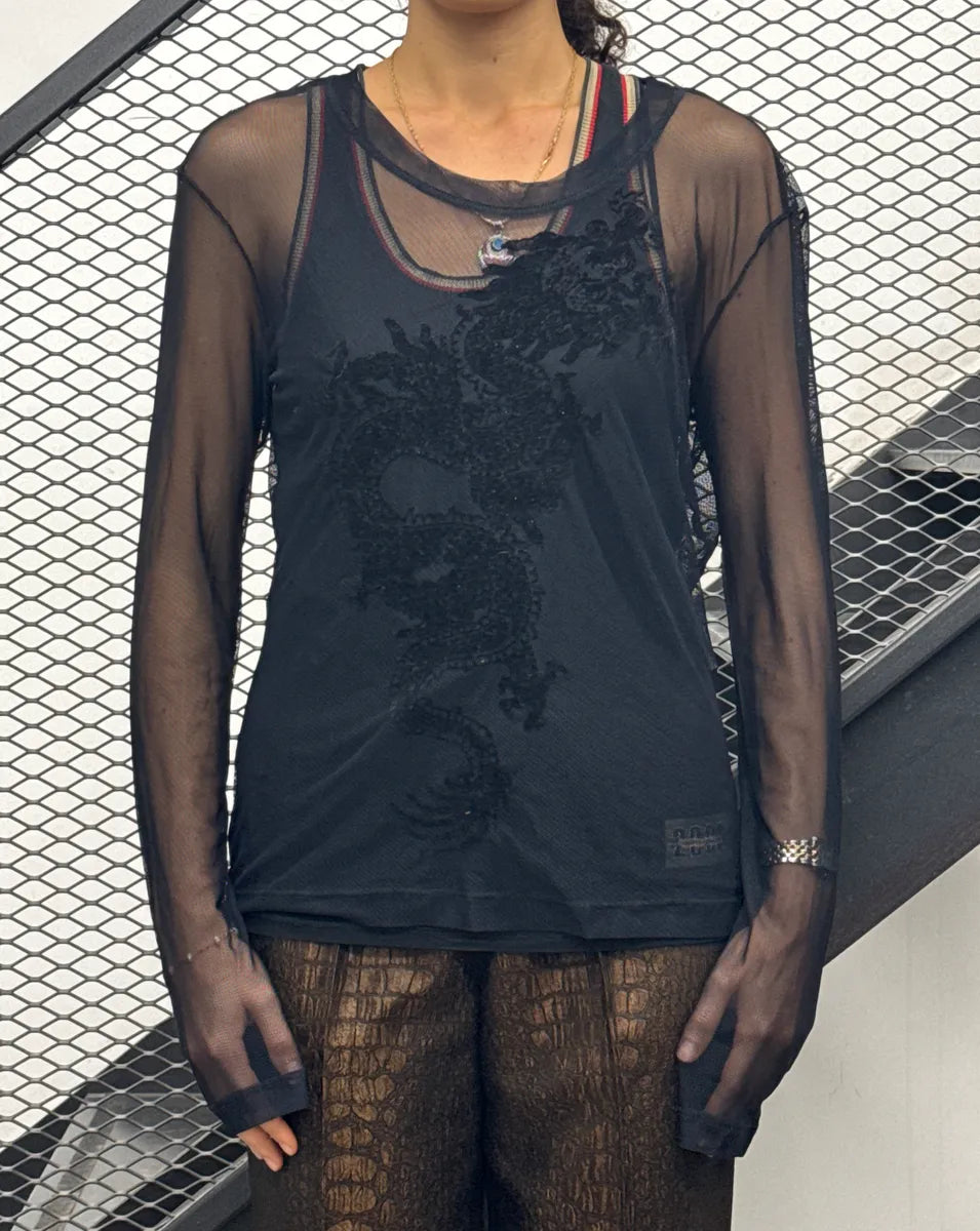 2000s Cavalli Jeans Black Dragon Embroidered Sheer Mesh Longsleeves DLEykPzt 1