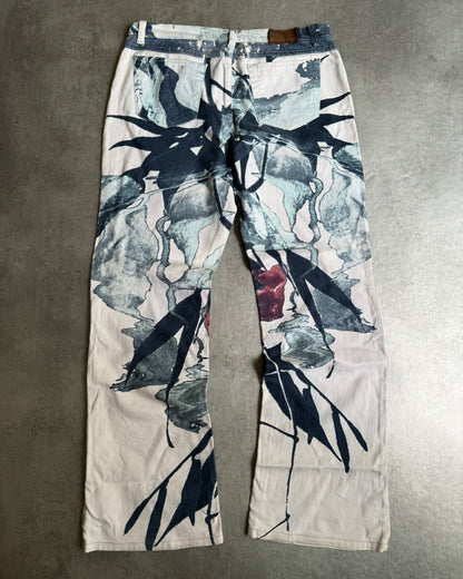 2000s Cavalli White Floral Spectrum Relaxed Straight Pants (S/M) - 5