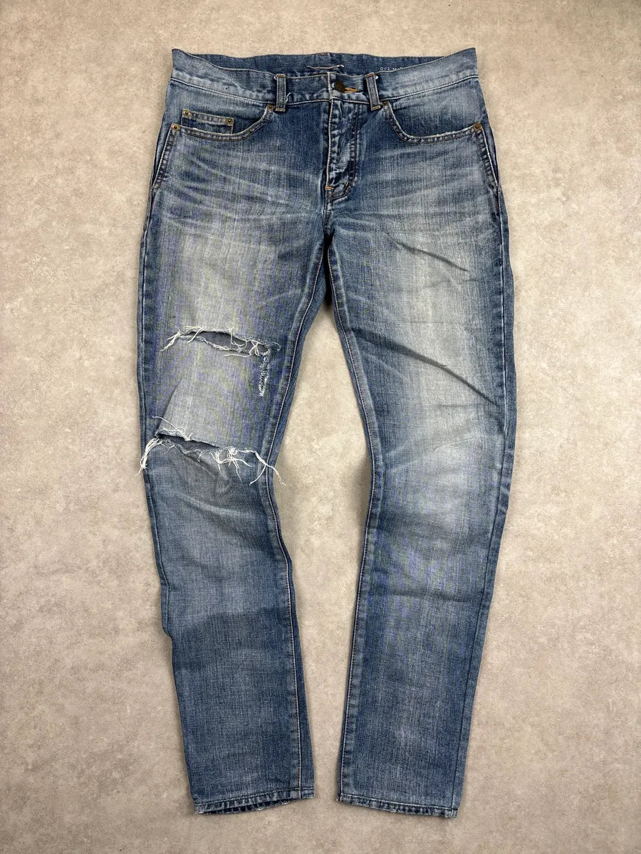 SS2017 Saint Laurent Medium Blue Denim Distressed Slim Jeans DWwPWvNC 0