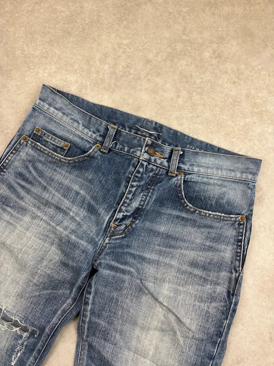SS2017 Saint Laurent Medium Blue Denim Distressed Slim Jeans DWwPWvNC 6