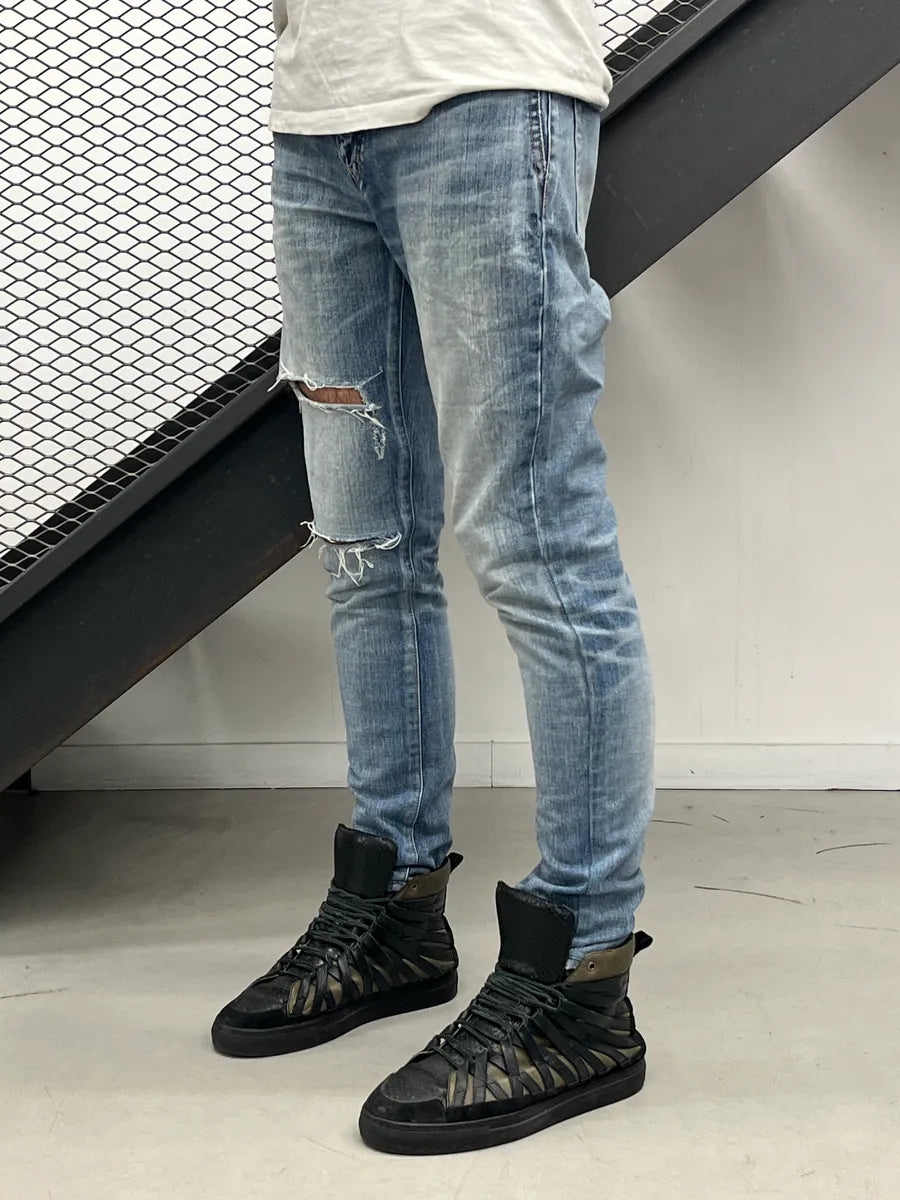 SS2017 Saint Laurent Medium Blue Denim Distressed Slim Jeans DWwPWvNC 2