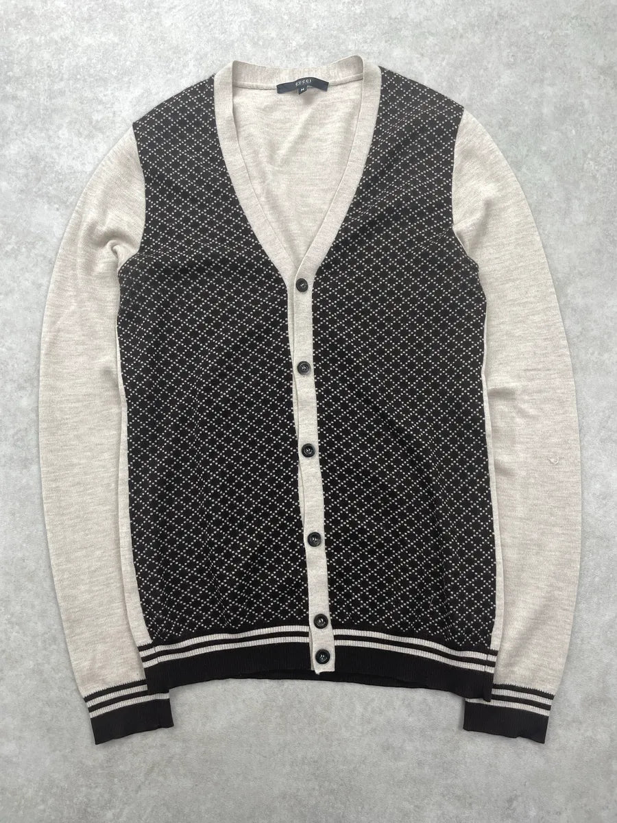 2000s Gucci Beige Merino Wool Diamond Pattern Contrast Trim Cardigan Sweater DXtLaEwh 0