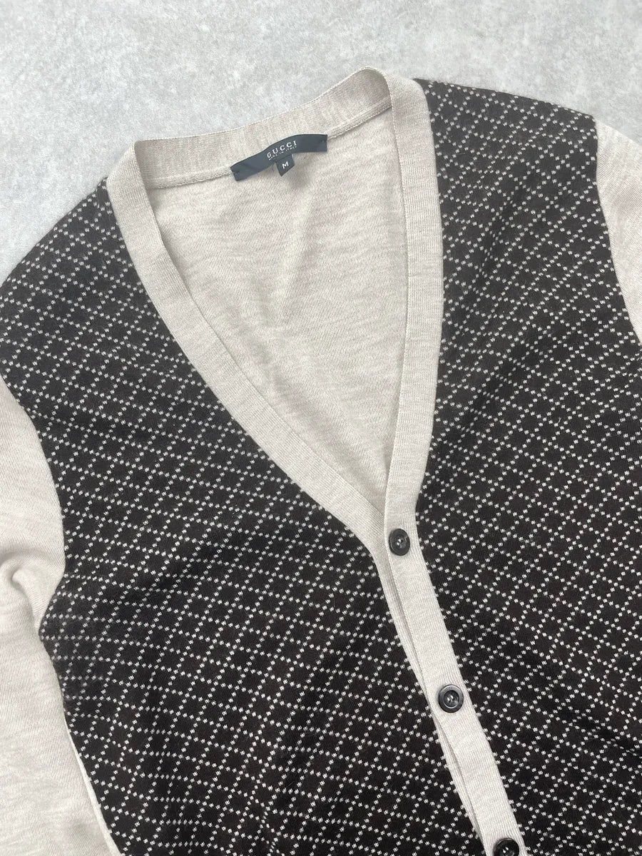 2000s Gucci Beige Merino Wool Diamond Pattern Contrast Trim Cardigan Sweater DXtLaEwh 6