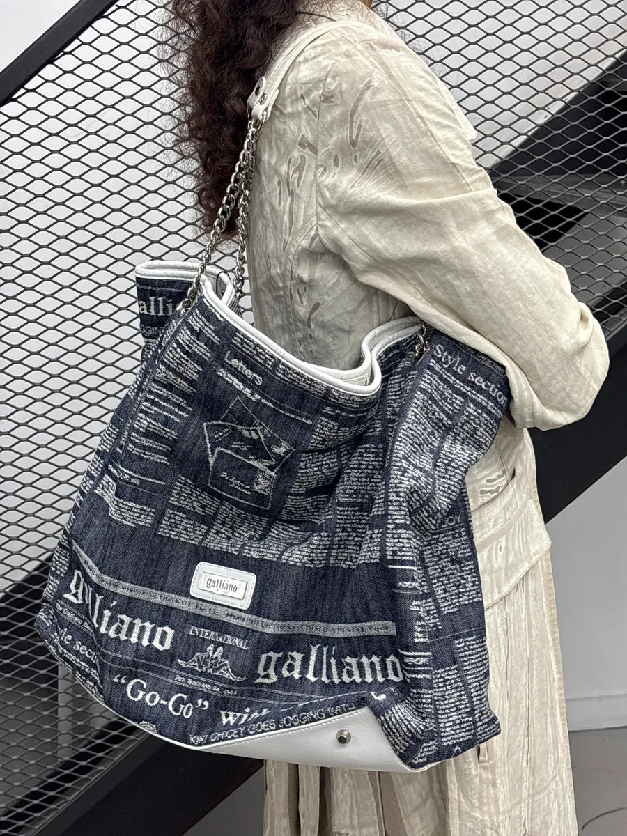 SS2013 Galliano Dark Indigo Newspaper Print Chain Shoulder Bag DcGpGpHg 2