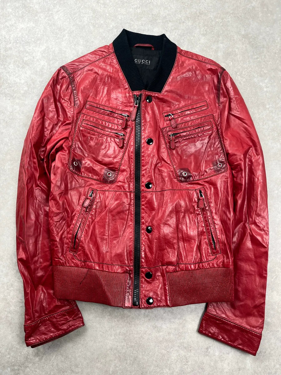 2000s Gucci Red Leather Multi-Pocket Bomber Jacket DgRXsmem 0
