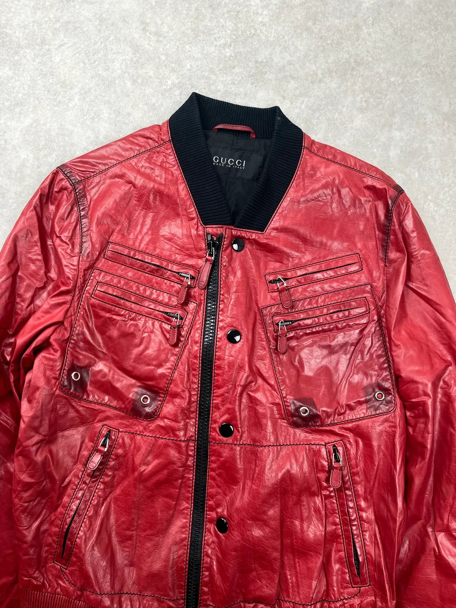 2000s Gucci Red Leather Multi-Pocket Bomber Jacket DgRXsmem 9