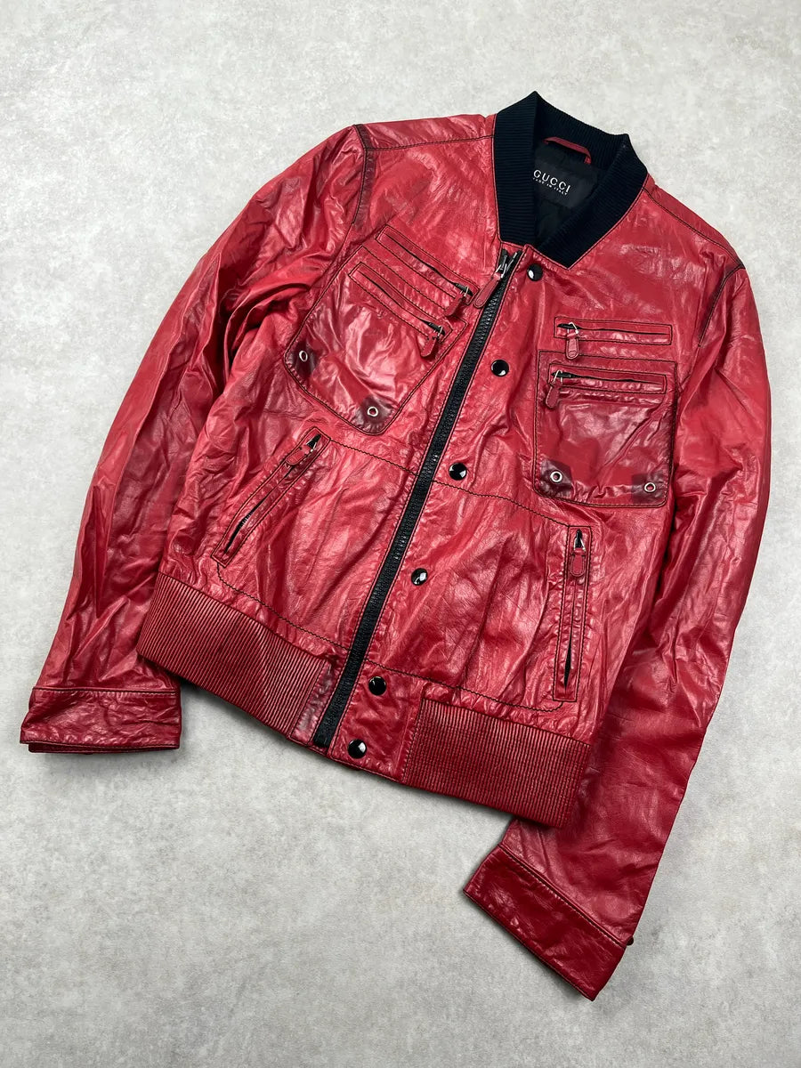 2000s Gucci Red Leather Multi-Pocket Bomber Jacket DgRXsmem 7