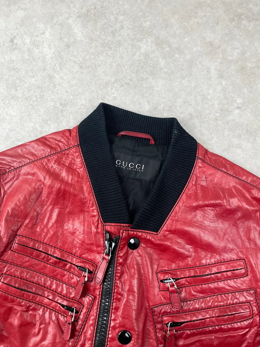 2000s Gucci Red Leather Multi-Pocket Bomber Jacket DgRXsmem 5