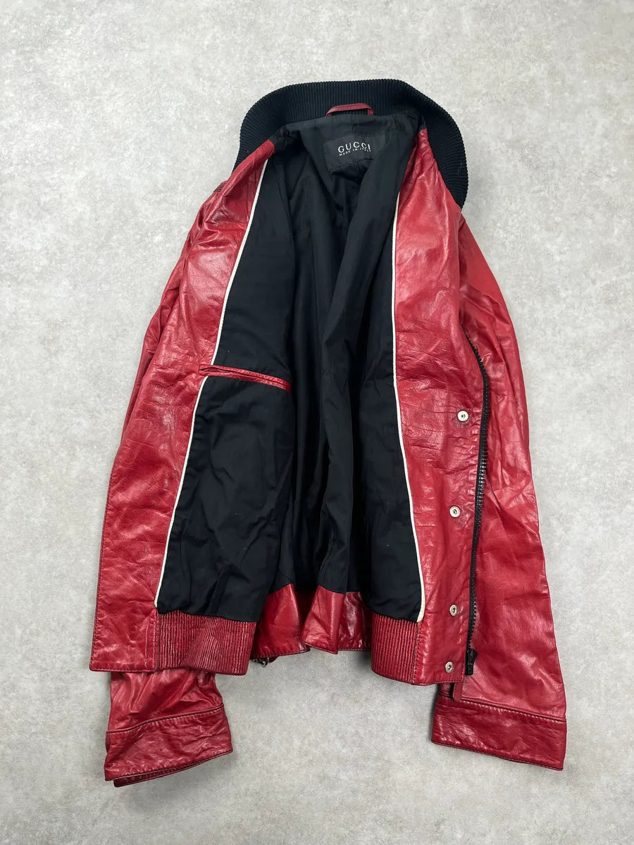 2000s Gucci Red Leather Multi-Pocket Bomber Jacket DgRXsmem 3