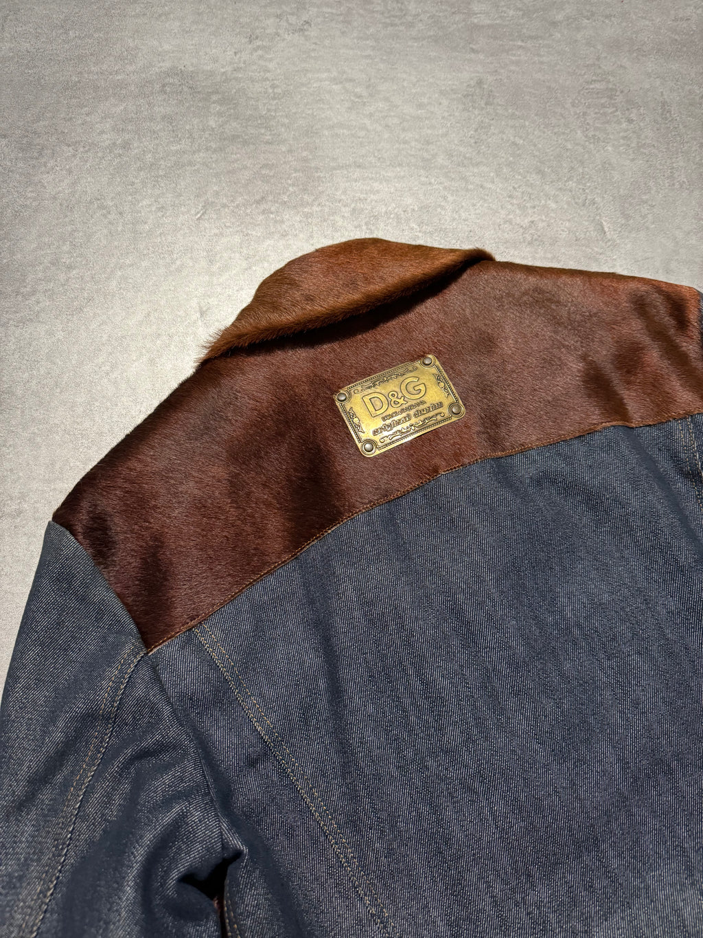 FW2005 Dolce & Gabbana Pony Hair Brown Denim Structured Biker Jacket (L) - 11