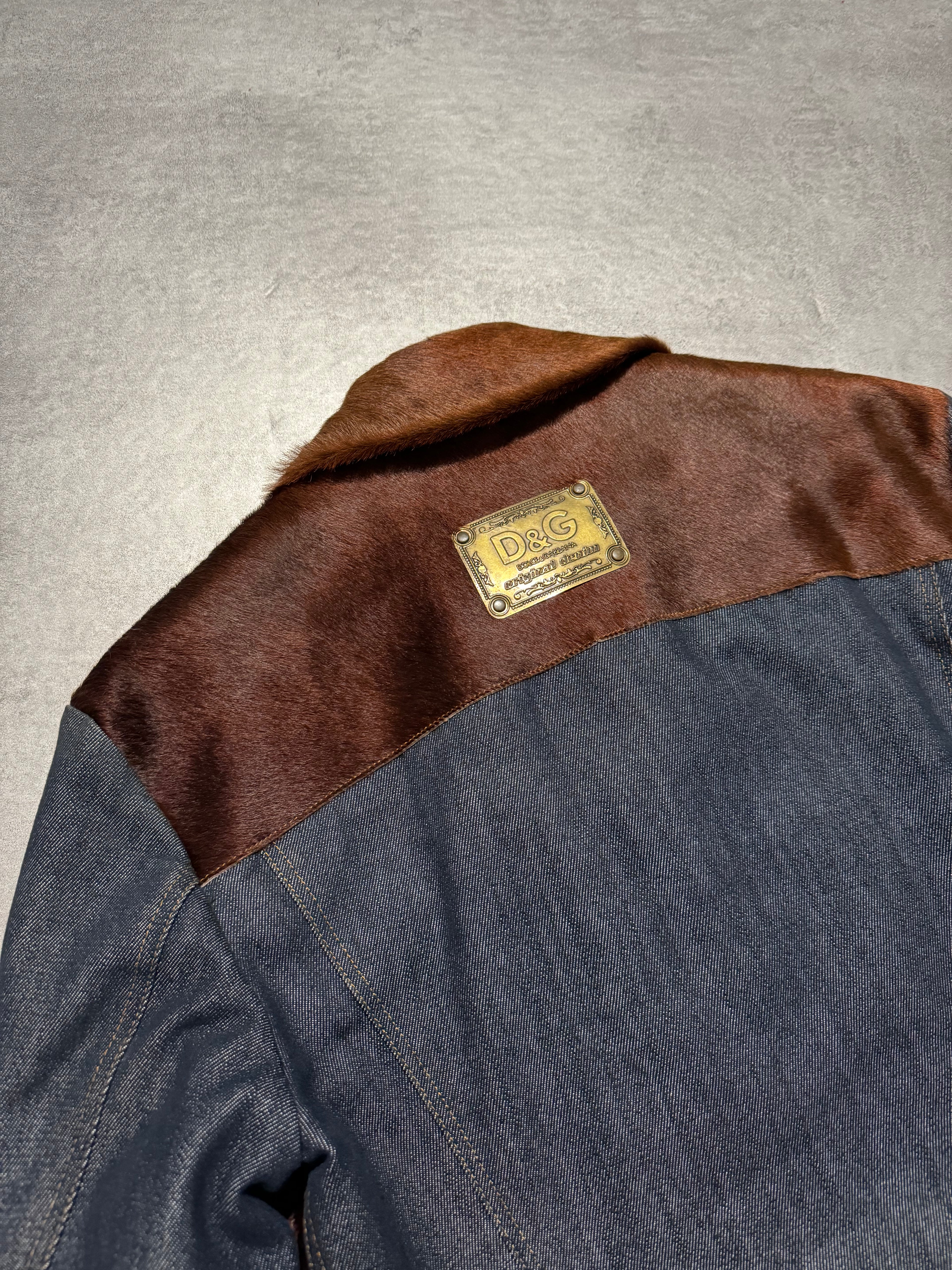 FW2005 Dolce & Gabbana Pony Hair Brown Denim Structured Biker Jacket (L) - 11