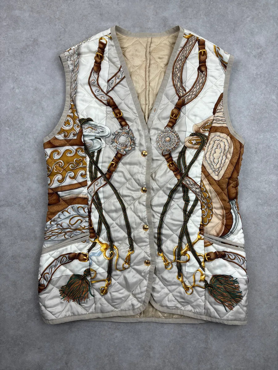 1980s Hermès Off-White Silk Equestrian Print Quilted Reversible Vest DmWVbBvw 0