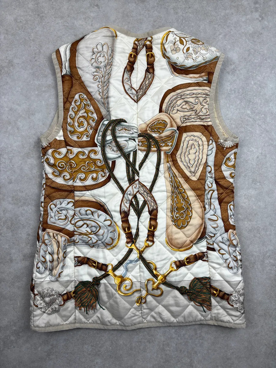 1980s Hermès Off-White Silk Equestrian Print Quilted Reversible Vest DmWVbBvw 4