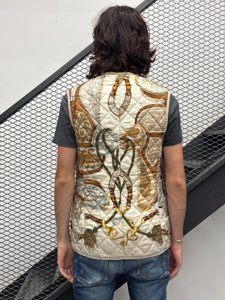 1980s Hermès Off-White Silk Equestrian Print Quilted Reversible Vest DmWVbBvw 2