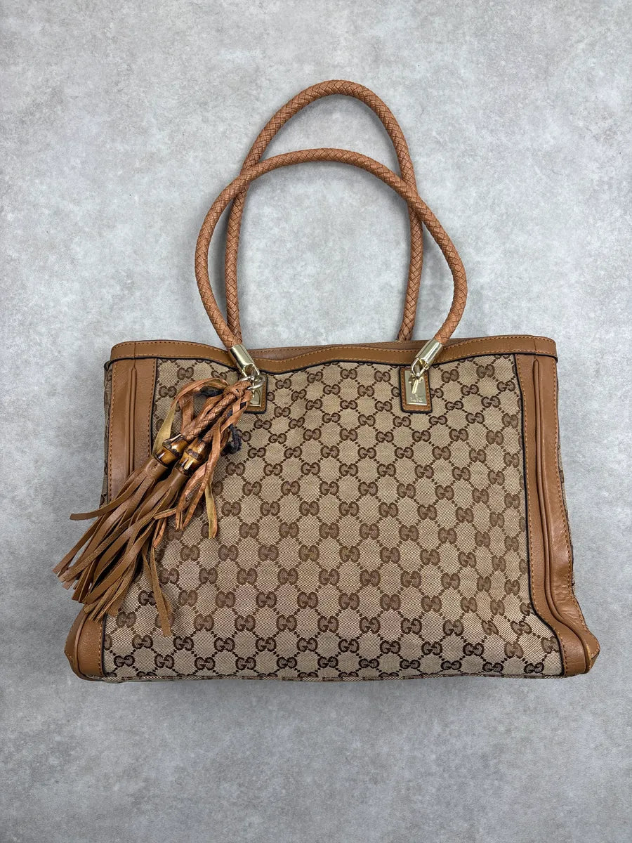 2000s Gucci Beige Brown Canvas GG Monogram Tassel Totebag DtulNKcJ 0