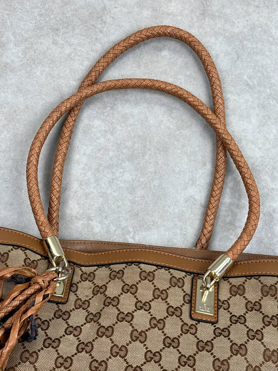 2000s Gucci Beige Brown Canvas GG Monogram Tassel Totebag DtulNKcJ 2