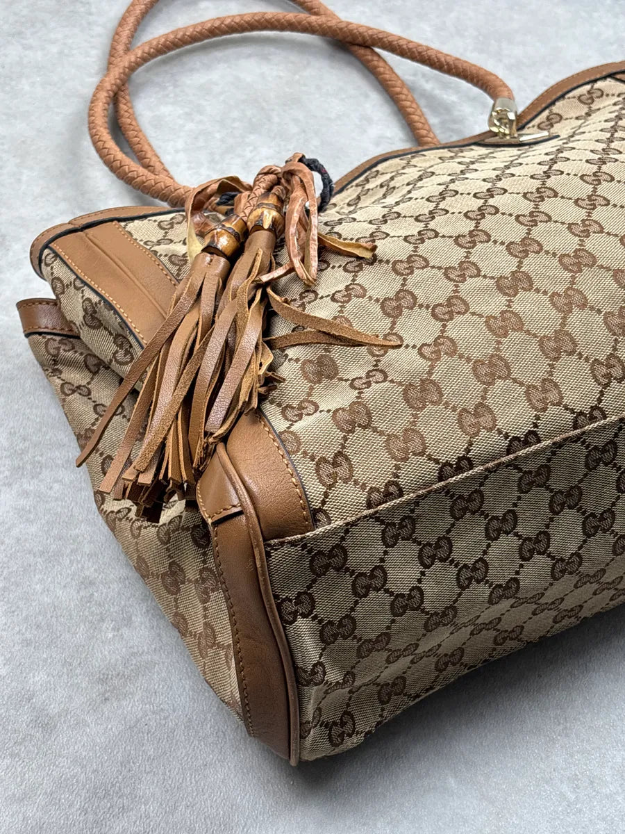2000s Gucci Beige Brown Canvas GG Monogram Tassel Totebag DtulNKcJ 8