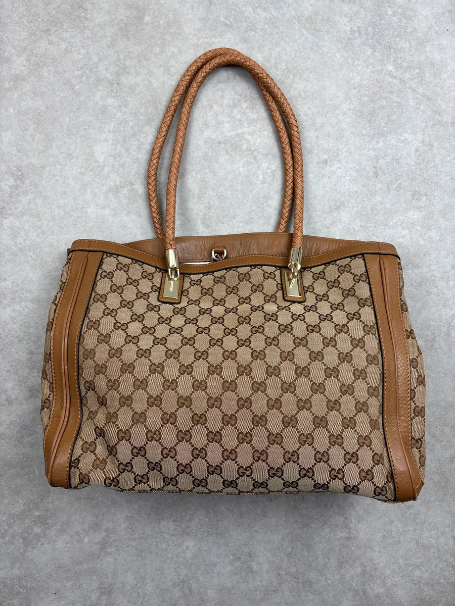 2000s Gucci Beige Brown Canvas GG Monogram Tassel Totebag DtulNKcJ 10