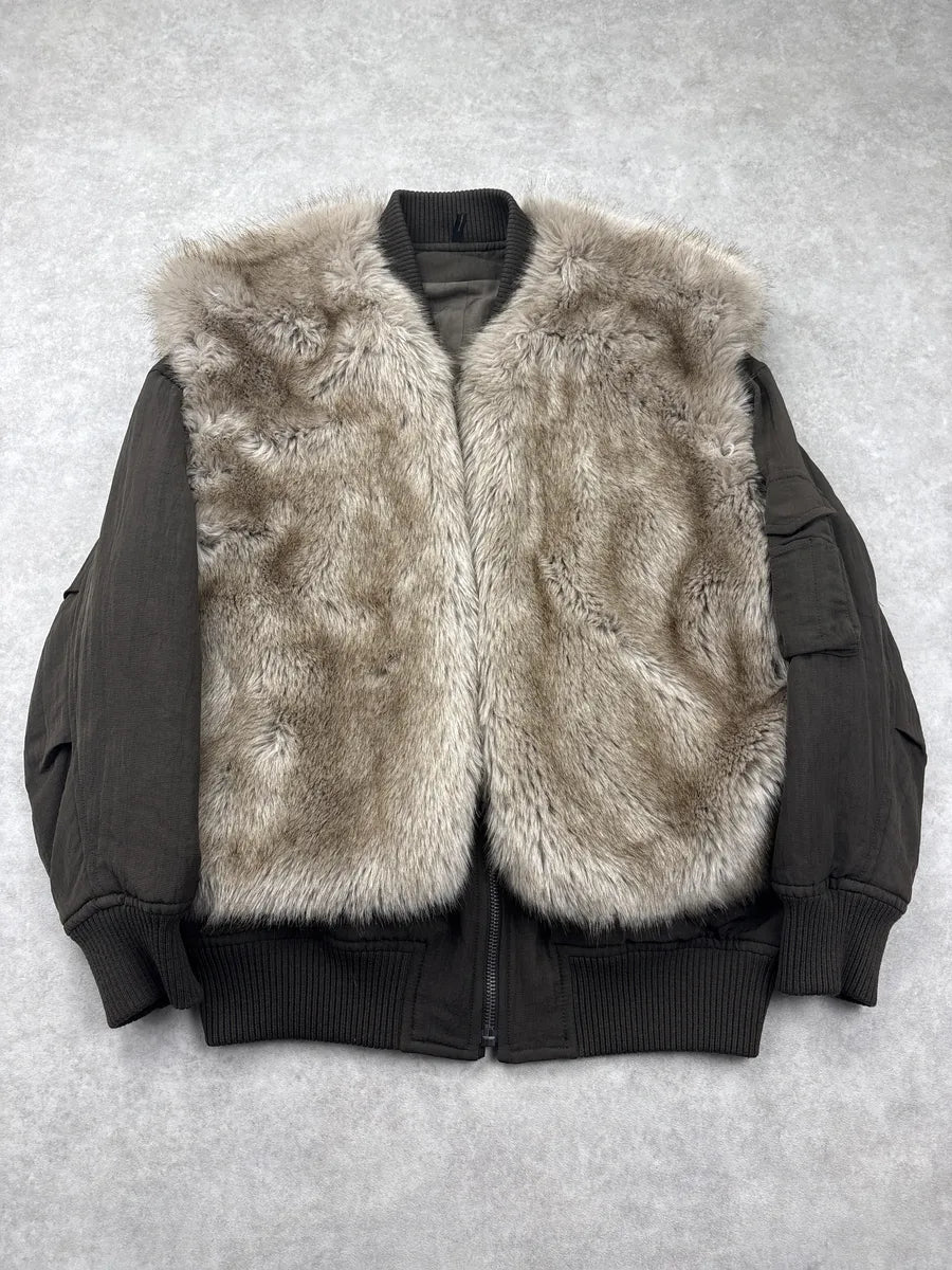 2010s Helmut Lang Olive Faux Fur Panel Bomber Jacket DuGPqGUA 0