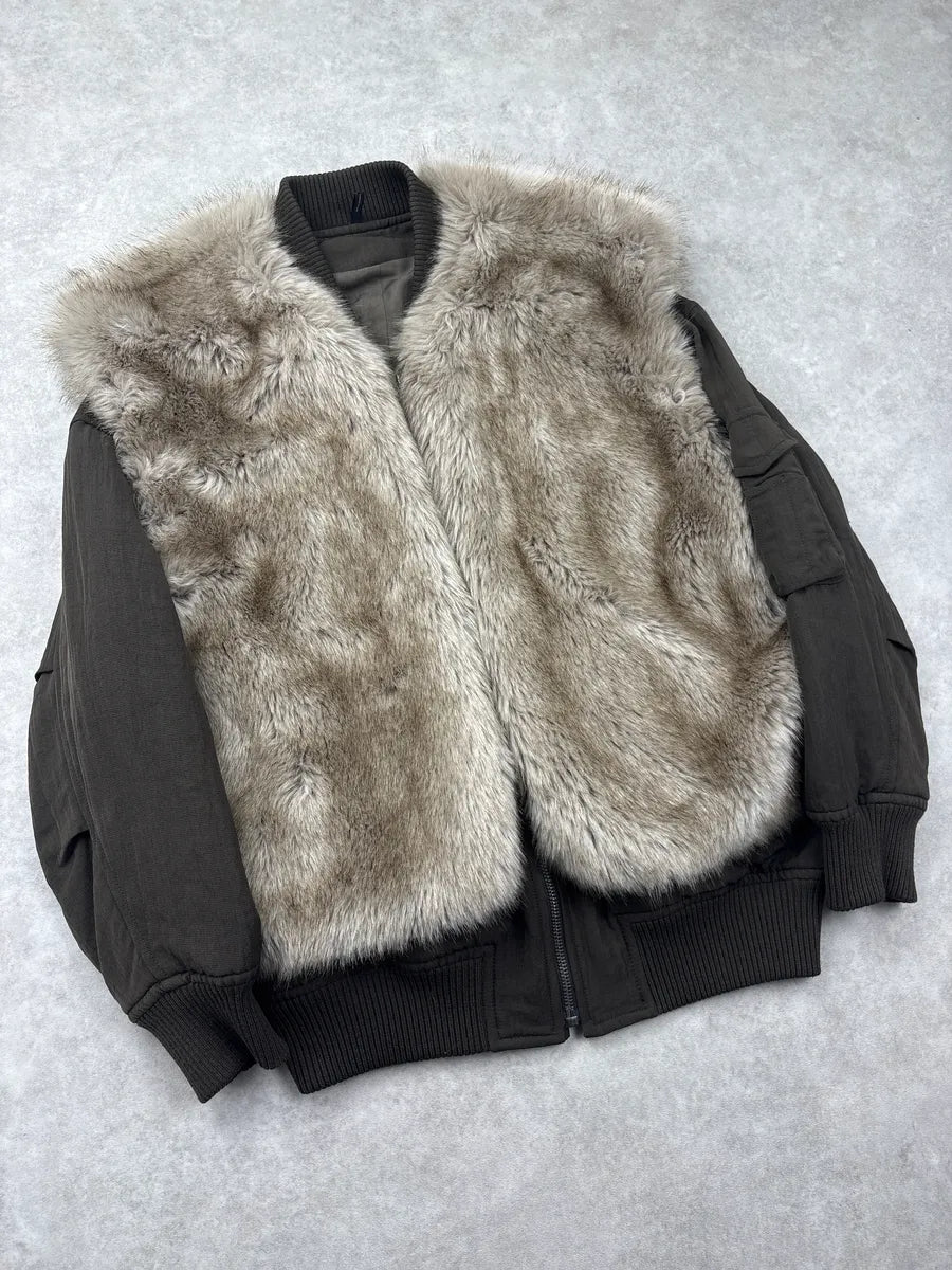 2010s Helmut Lang Olive Faux Fur Panel Bomber Jacket DuGPqGUA 3