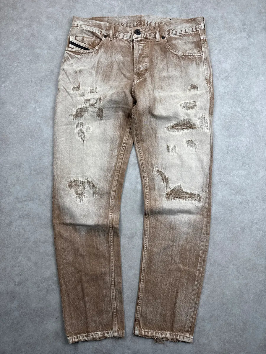 Diesel Sand Beige & Brown Faded Denim Distressed Bleached Jeans DvVyQQUa 0