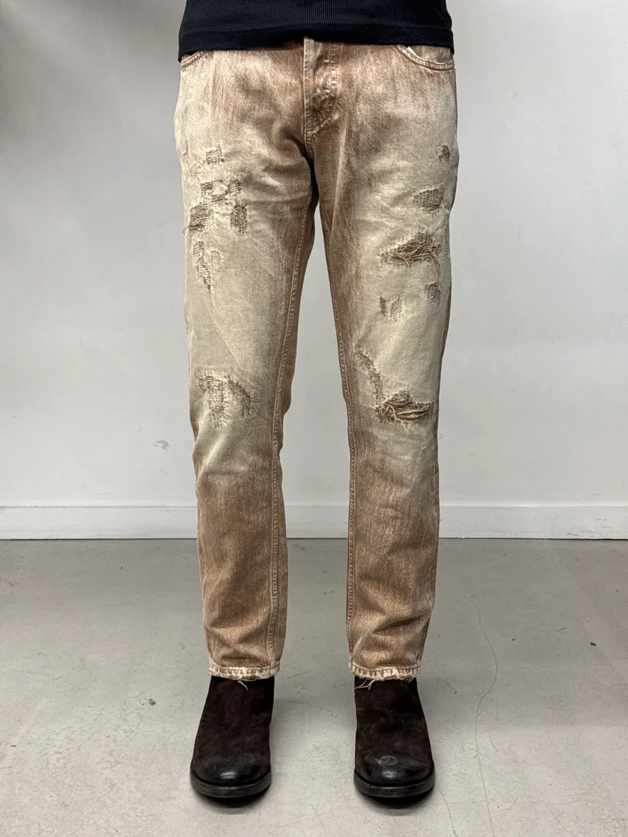 Diesel Sand Beige & Brown Faded Denim Distressed Bleached Jeans DvVyQQUa 1