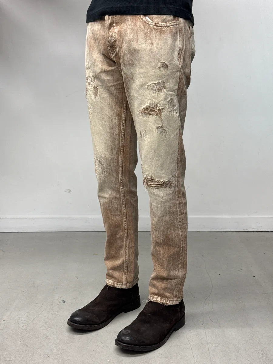 Diesel Sand Beige & Brown Faded Denim Distressed Bleached Jeans DvVyQQUa 2