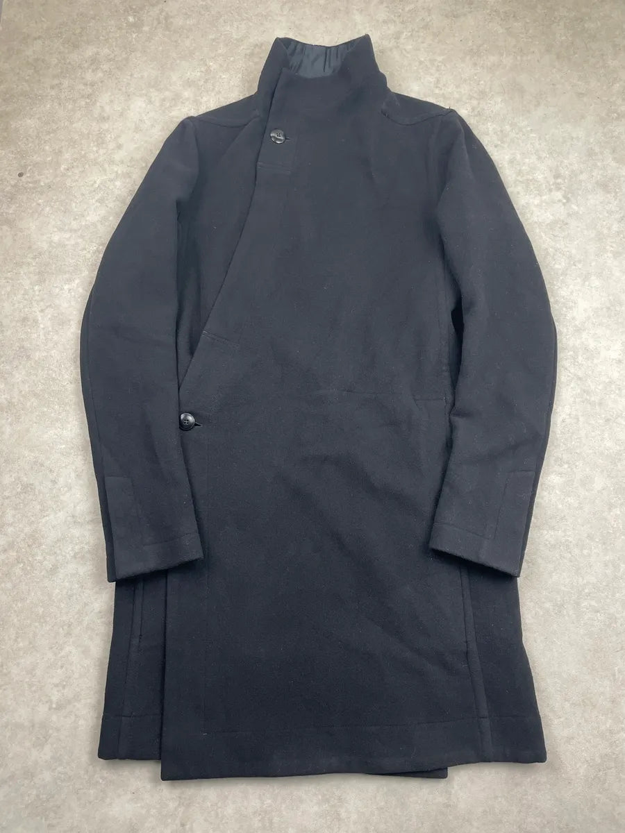 AW2013 Rick Owens Black Wool Asymmetric Funnel Neck Long Coat DyCVeUYr 1