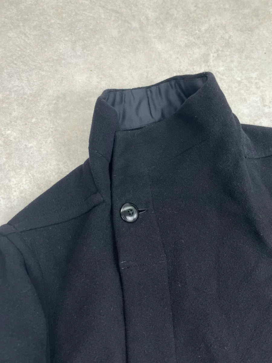 AW2013 Rick Owens Black Wool Asymmetric Funnel Neck Long Coat DyCVeUYr 5