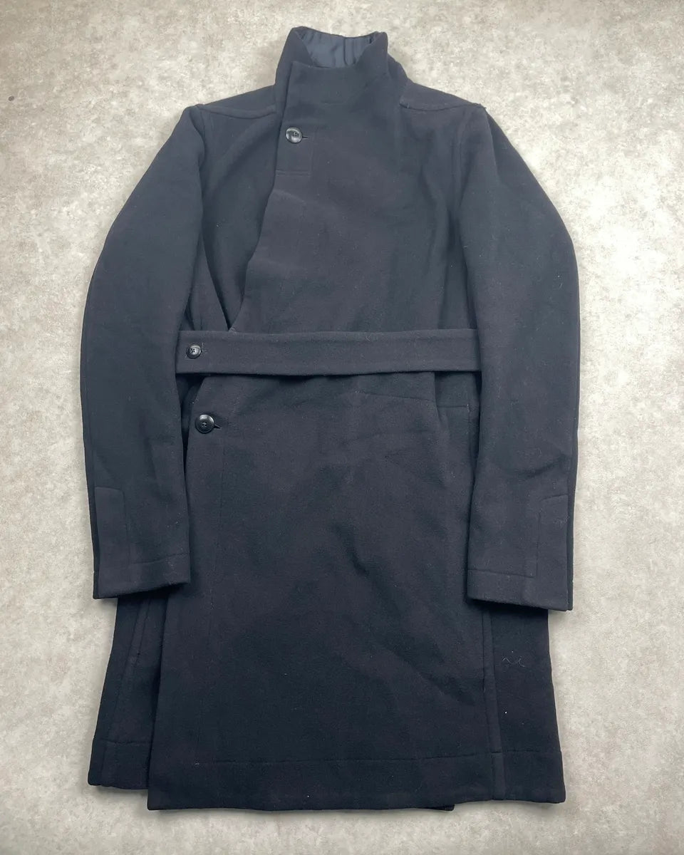 AW2013 Rick Owens Black Wool Asymmetric Funnel Neck Long Coat DyCVeUYr 4