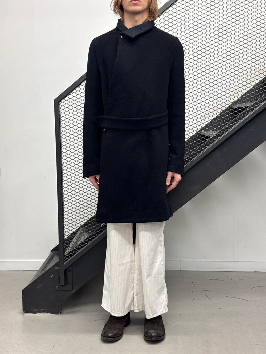 AW2013 Rick Owens Black Wool Asymmetric Funnel Neck Long Coat DyCVeUYr 0