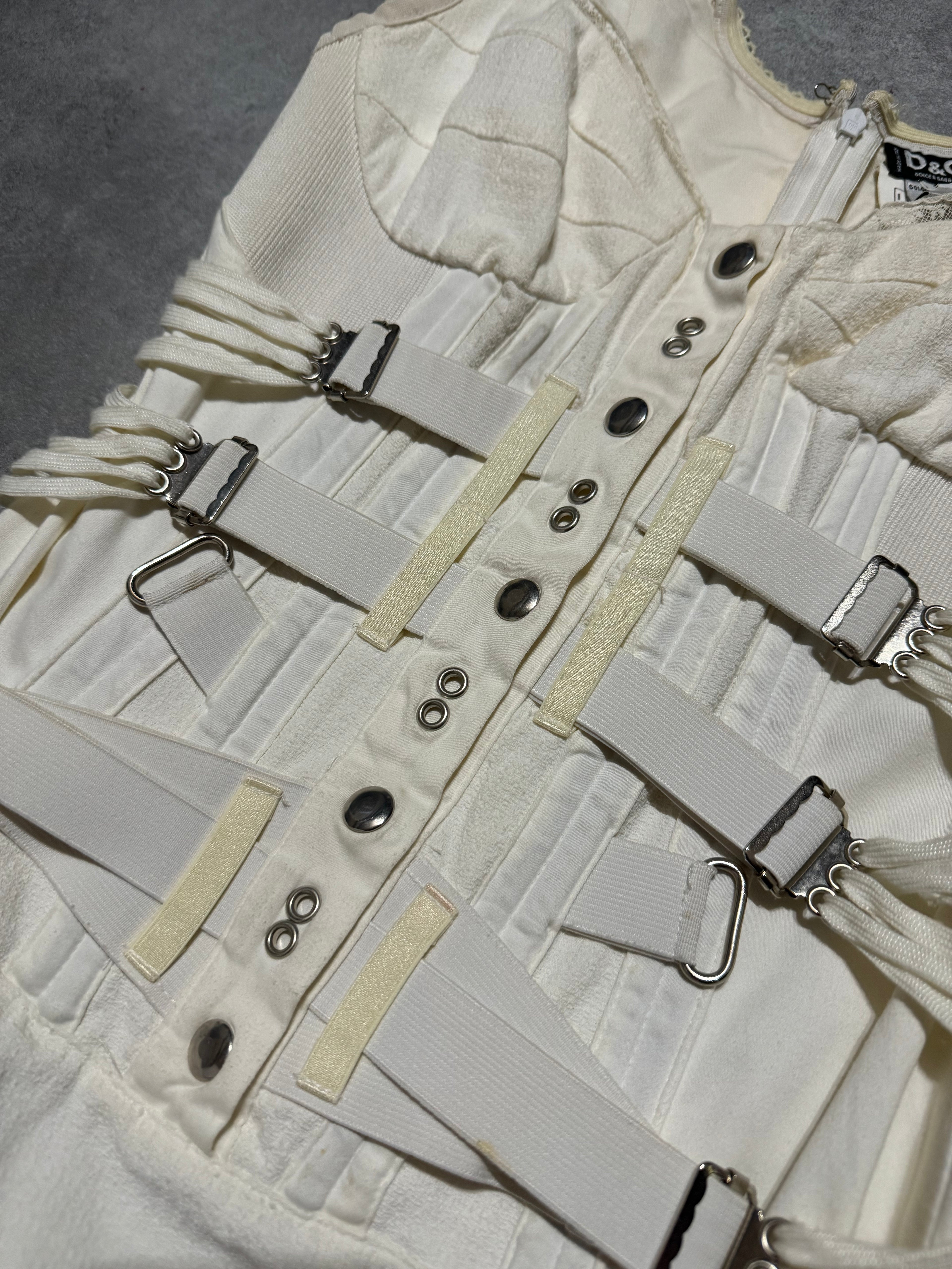 SS2004 Dolce & Gabbana White Bondage Strap Corset Cocktail Ivory Cotton Dress (XS/S) - 8