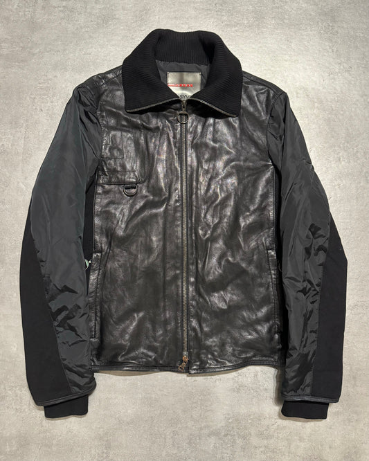 2000s Prada Black Hybride Leather, Nylon & Wool Biker Jacket (L) - 1