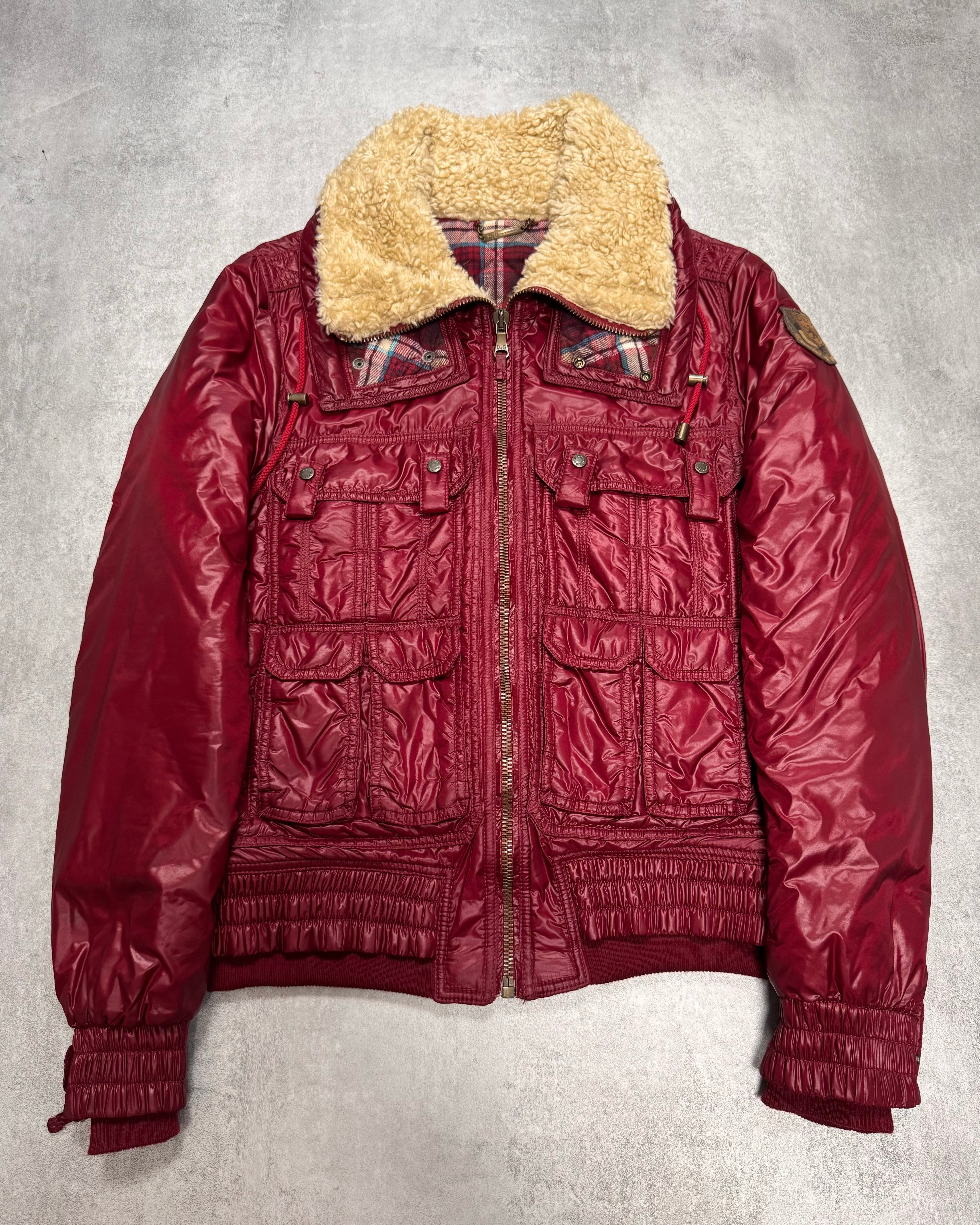 2000s Dolce & Gabbana Wine Burgundy Utility Cargo Puffer Jacket