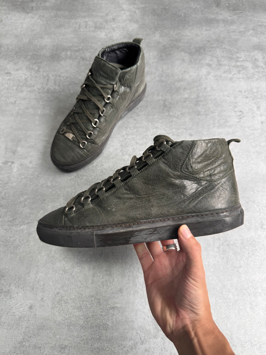 Balenciaga Arena High Kaki Cracked Leather Sneakers