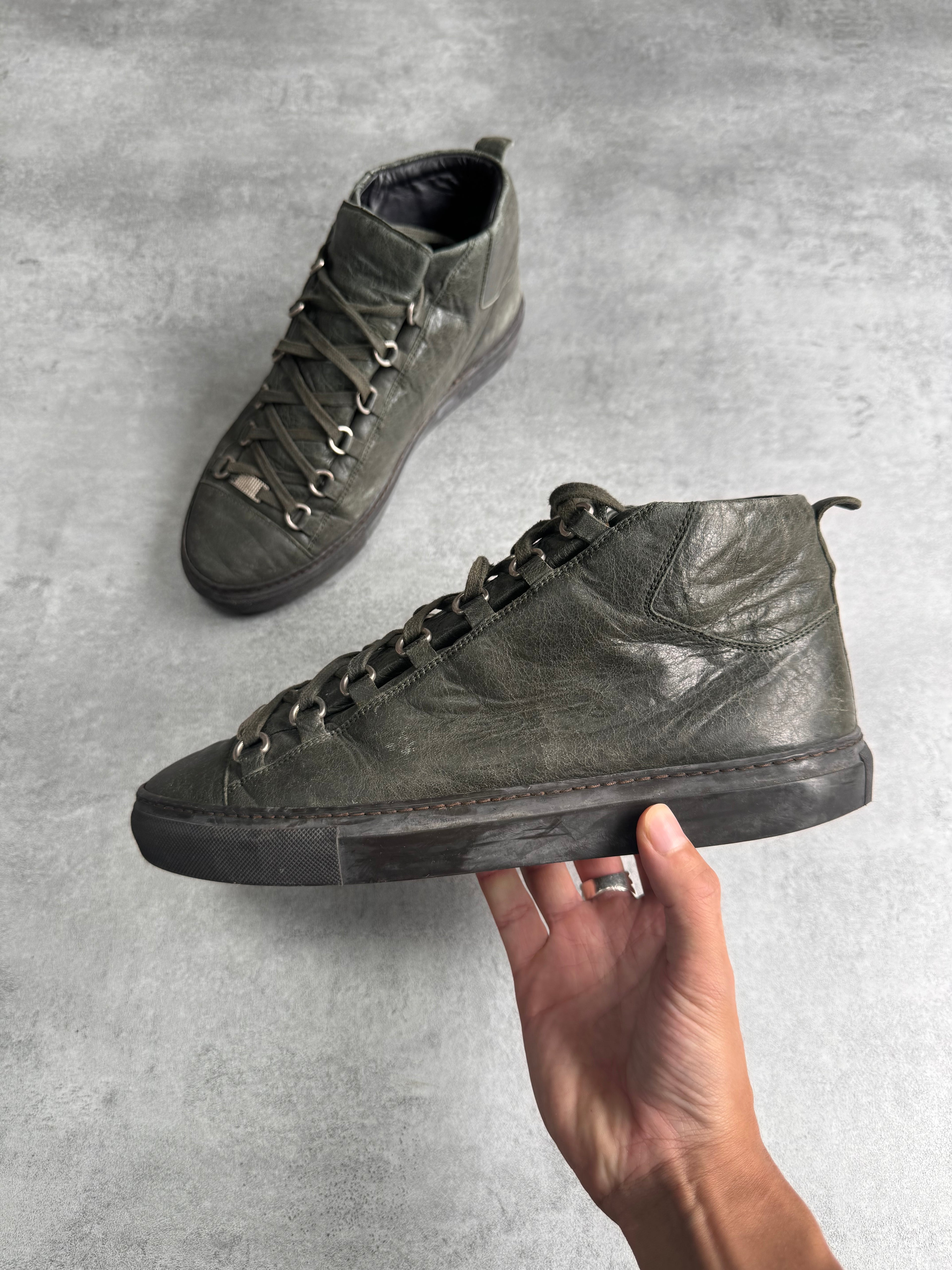 Balenciaga Arena High Kaki Cracked Leather Sneakers
