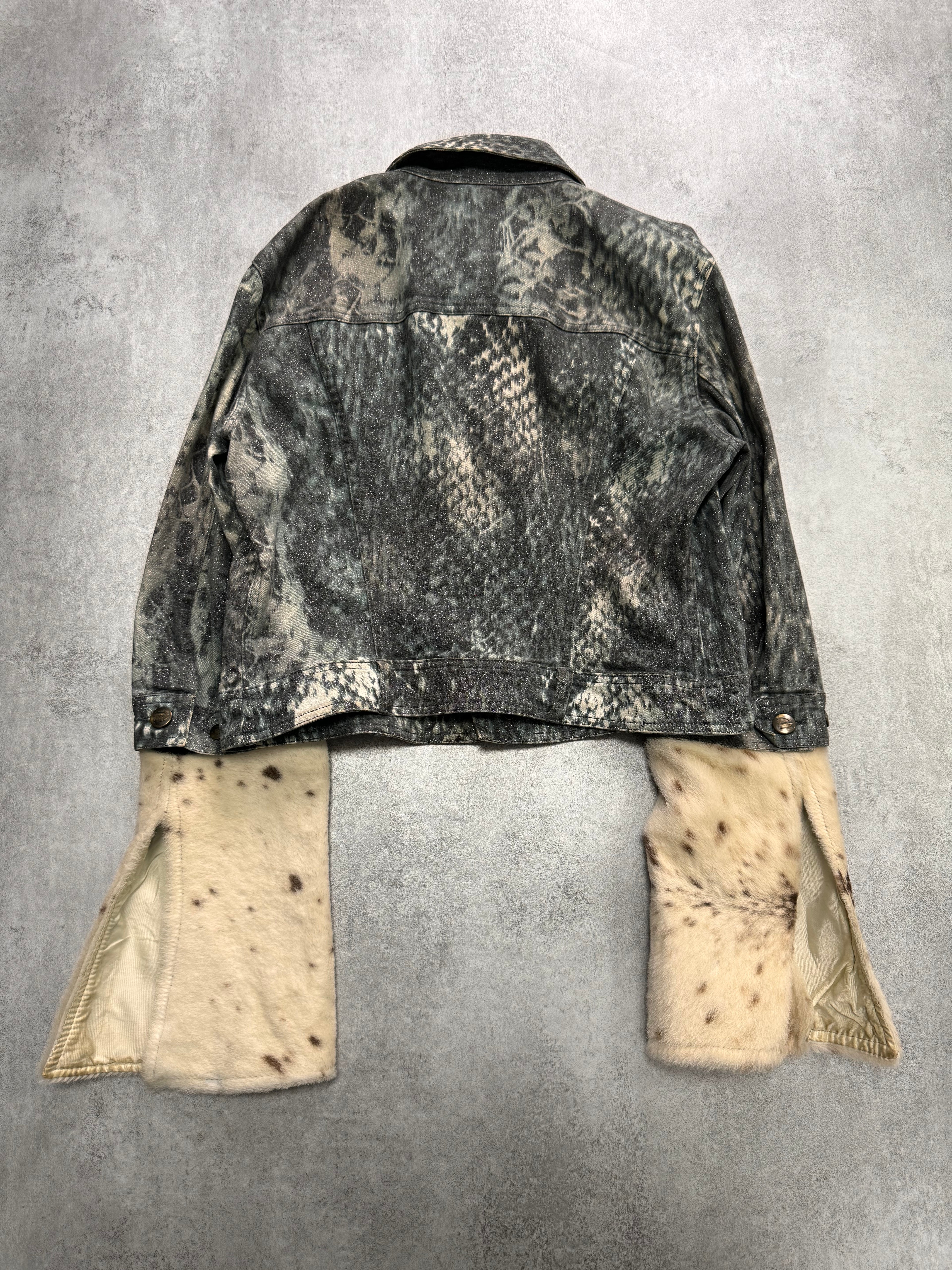 1990s Roberto Cavalli Snake Denim Jacket with Cow Detachable Sleeves