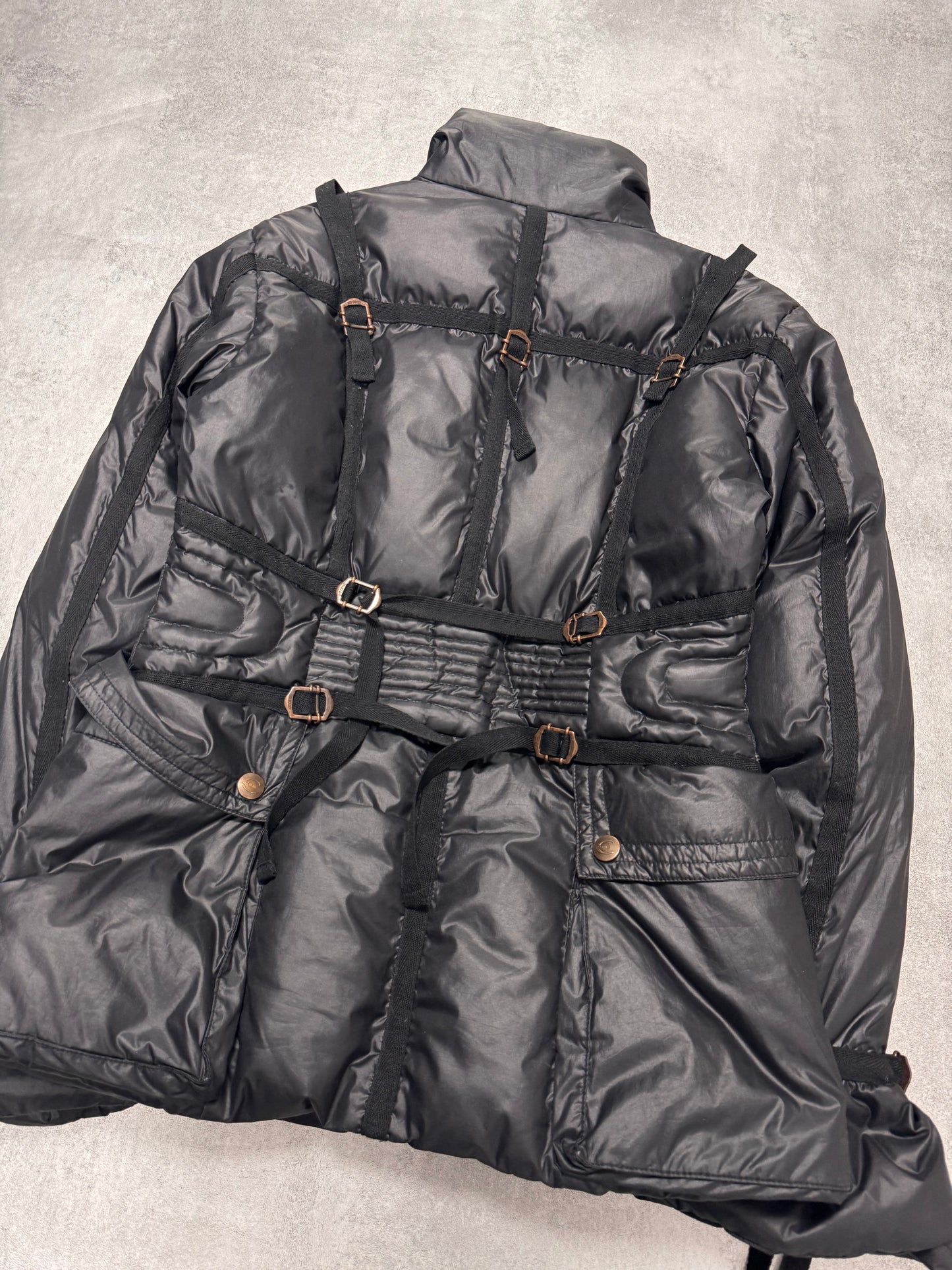 1990s Roberto Cavalli Parachute Bondage Puffer Black Jacket (XS)