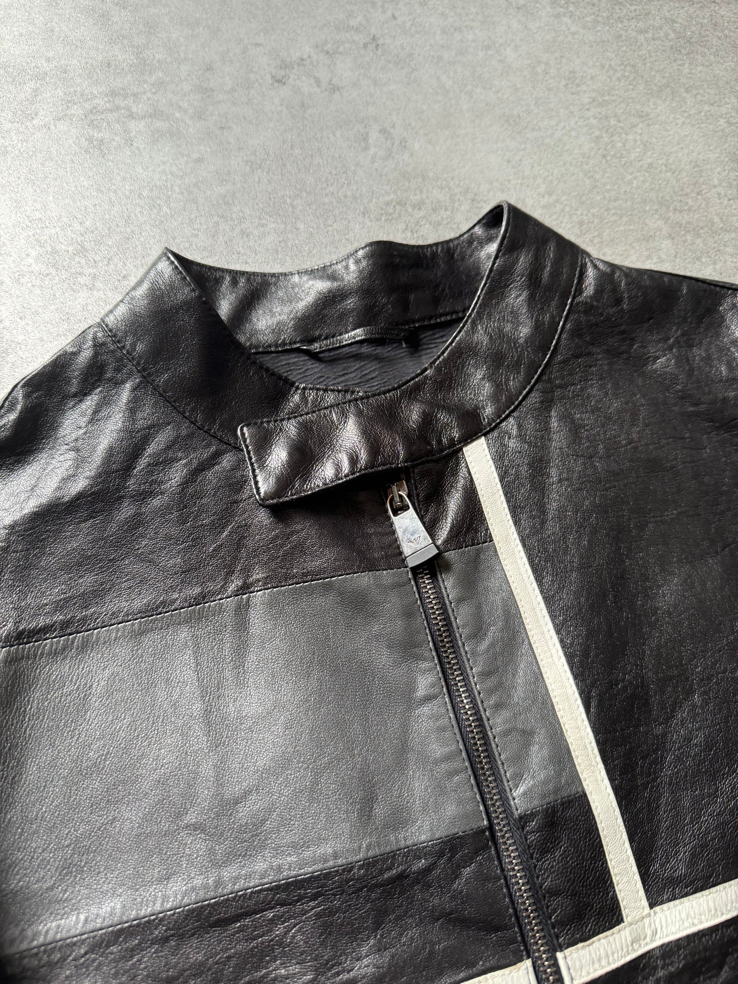 SS2015 Emporio Armani Dark Geometrical Black Racing Leather Jacket  (M)