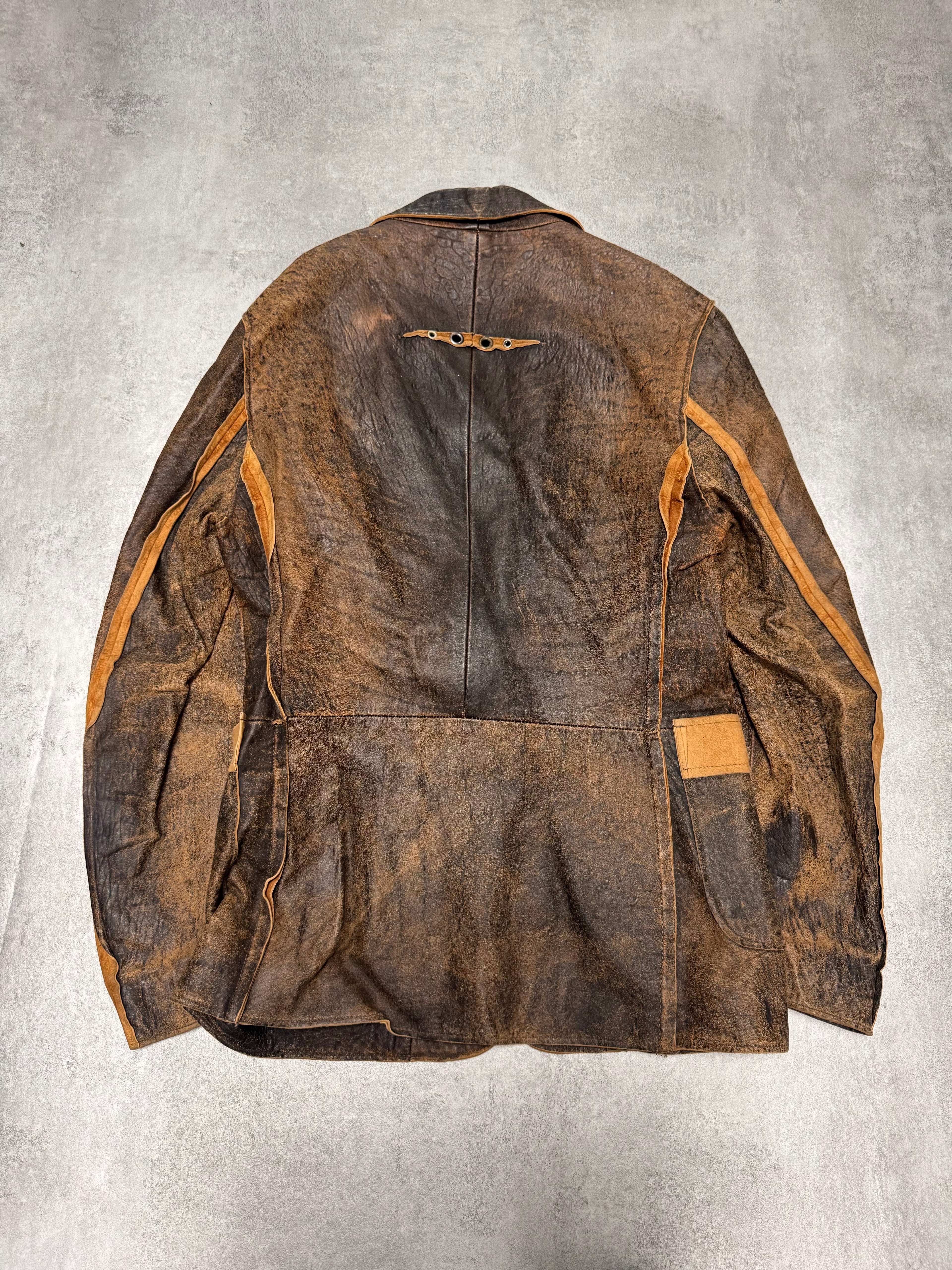 2000s Cavalli Raw Brown Leather Suit Jacket