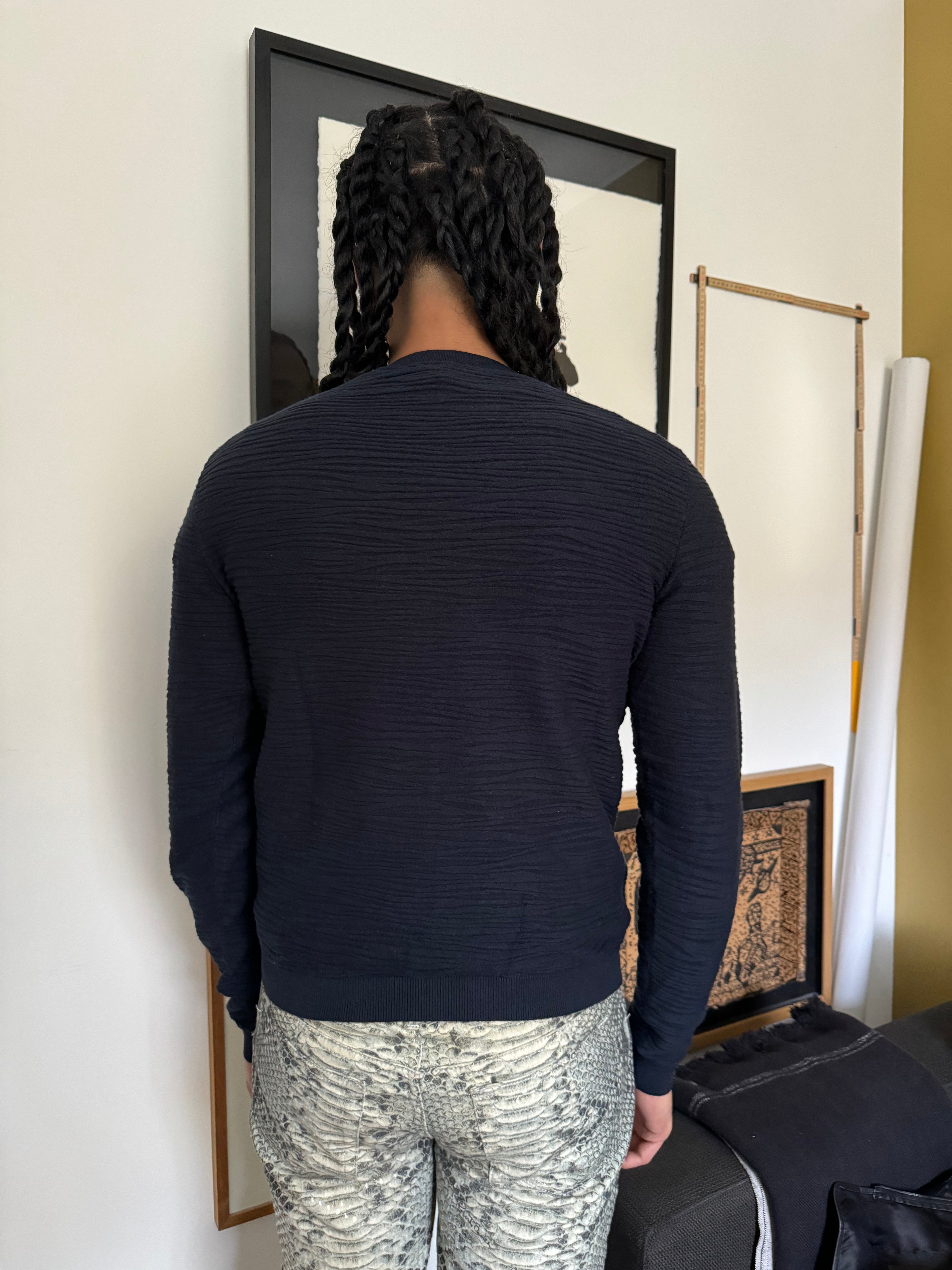 SS2020 Emporio Armani Plissed Navy Minimalist Sweater