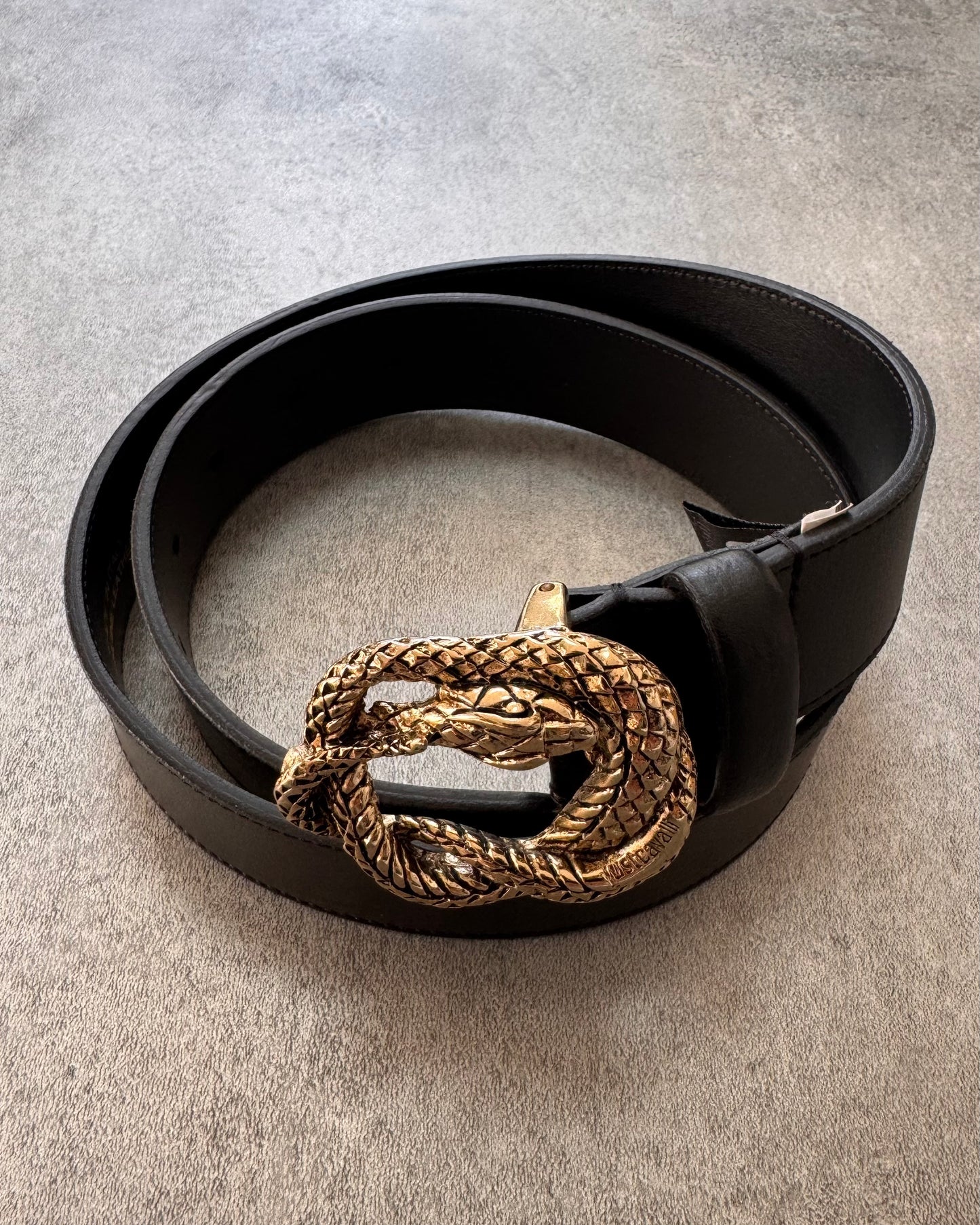 Cavalli Snake Buckle Black Leather Belt (OS)