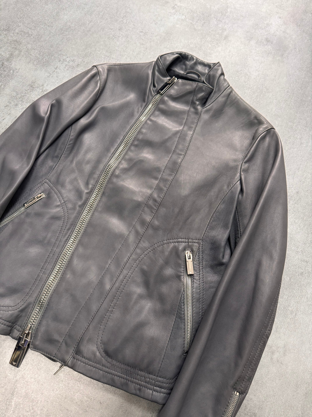 FW2014 Emporio Armami Asymmetrical Grey Leather Jacket